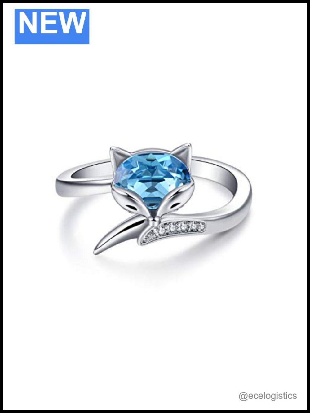 Sterling Silver Fox Ring Simulated Aquamarine Crystal Adjustable Open